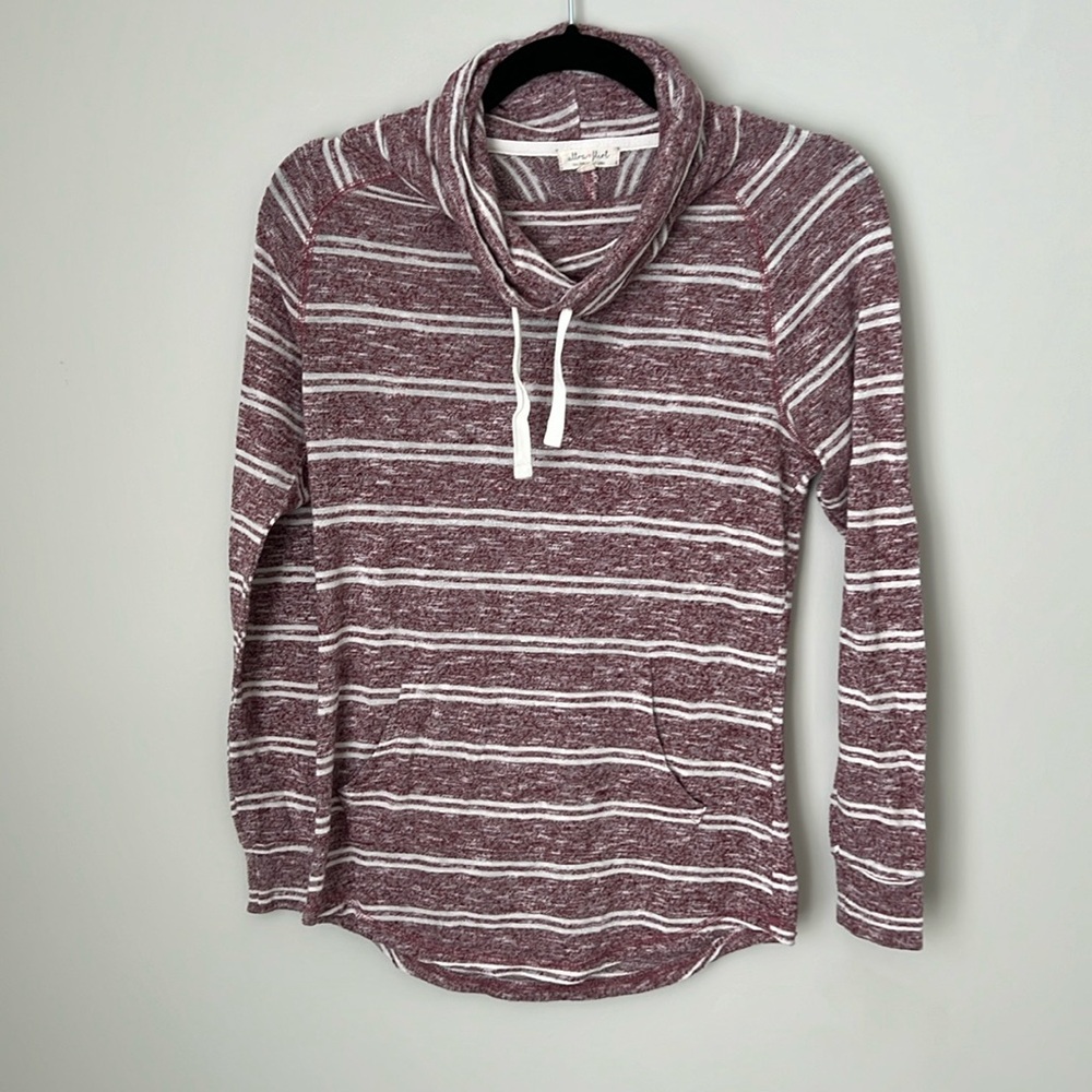 Lightweight Cowl Neck Sweatshirt Maroon and White Striped Size XS